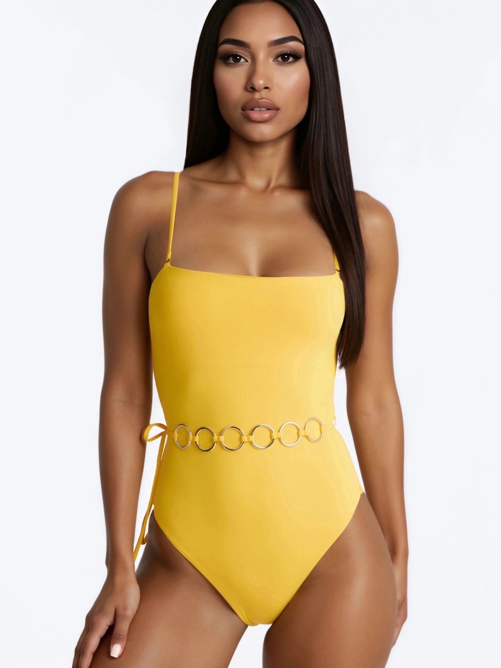 Fashion Nova Yellow One-Piece Swimsuit with Ring Waist Detail - XL
